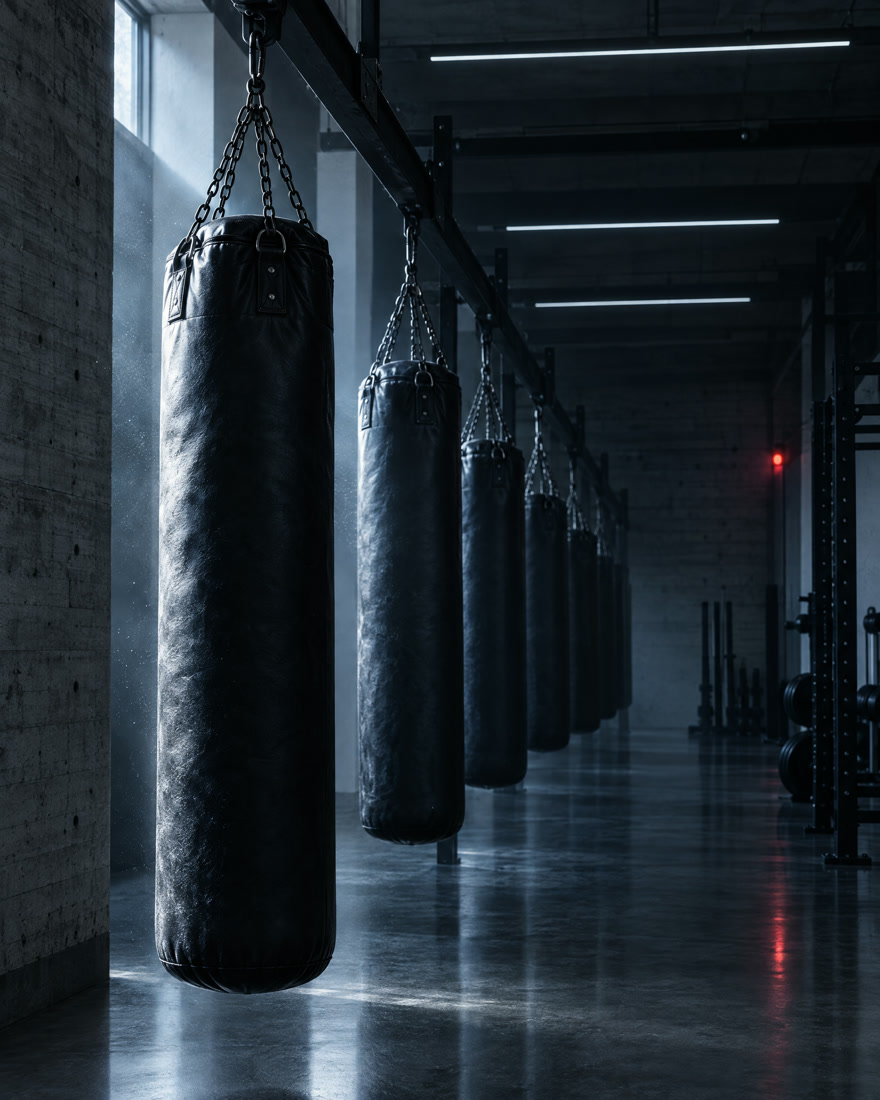 Sacos de boxeo colgados en la zona de golpeo