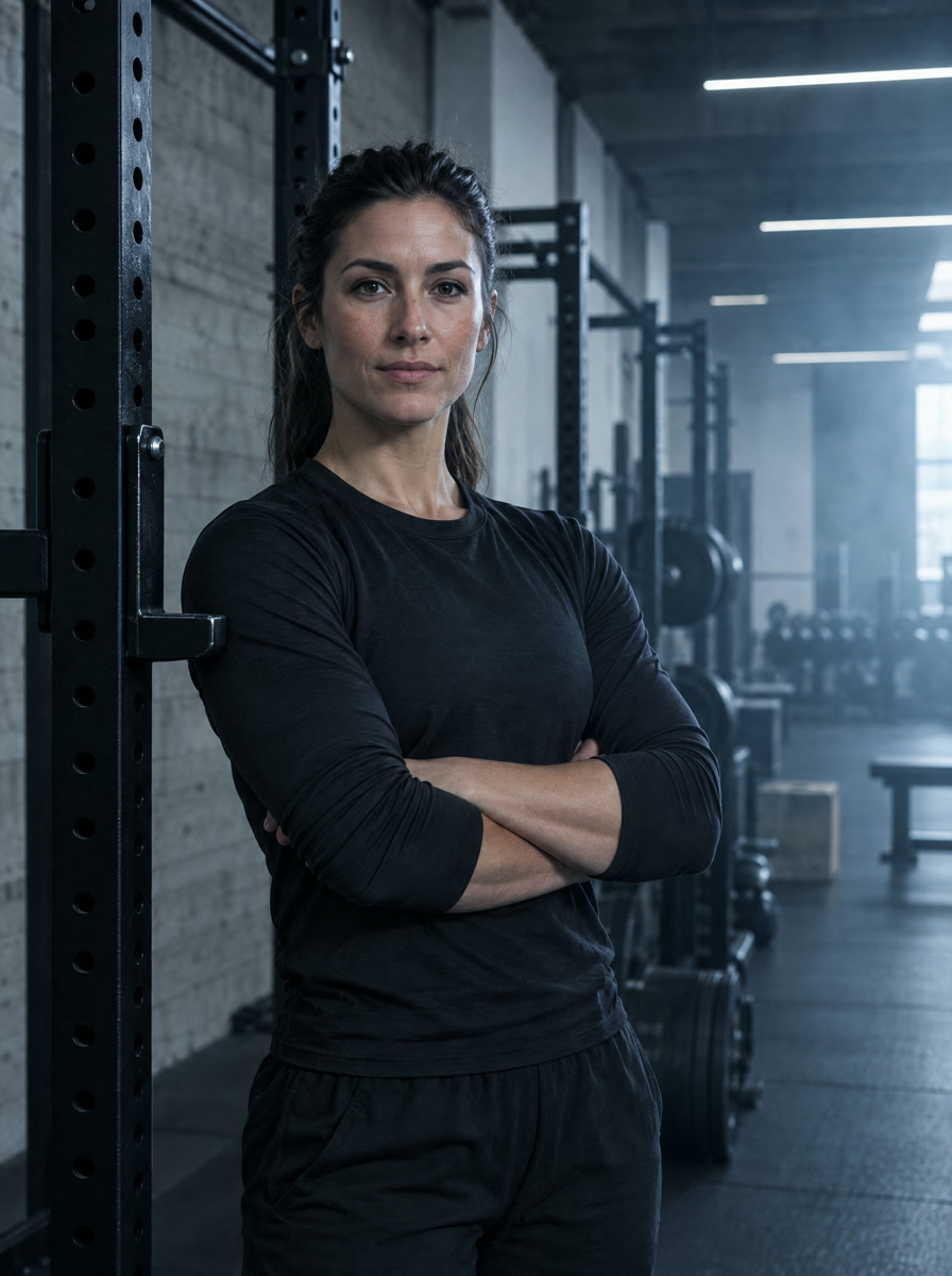 Entrenadora de fuerza junto a un rack