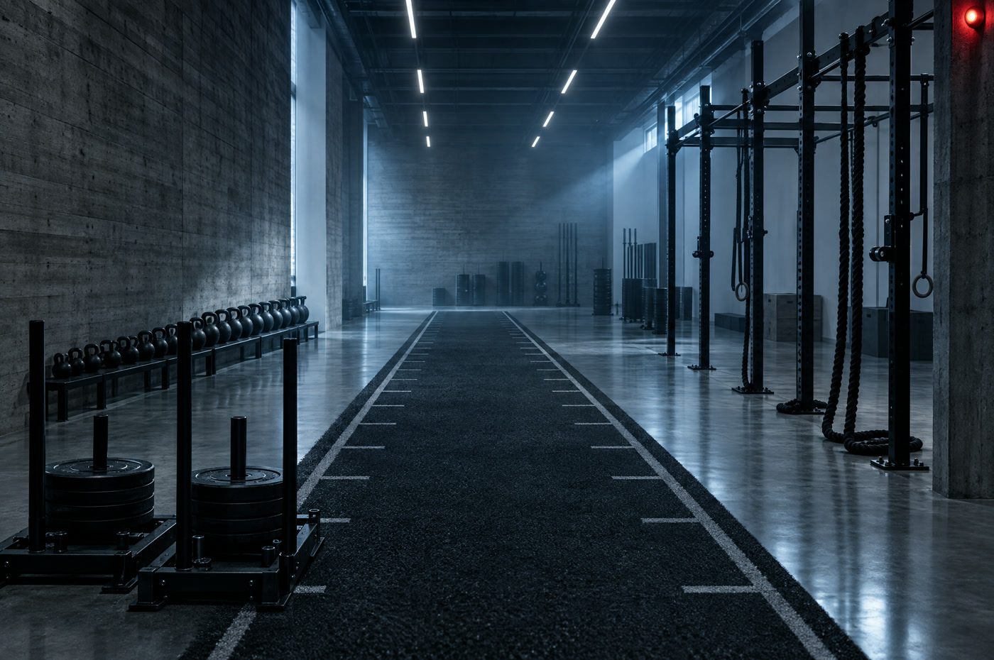 Zona funcional con pista, sleds y kettlebells