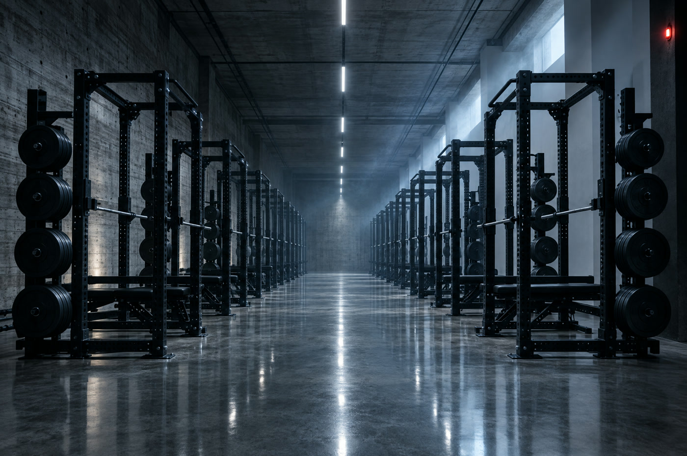 Sala de hierro con racks alineados y discos calibrados