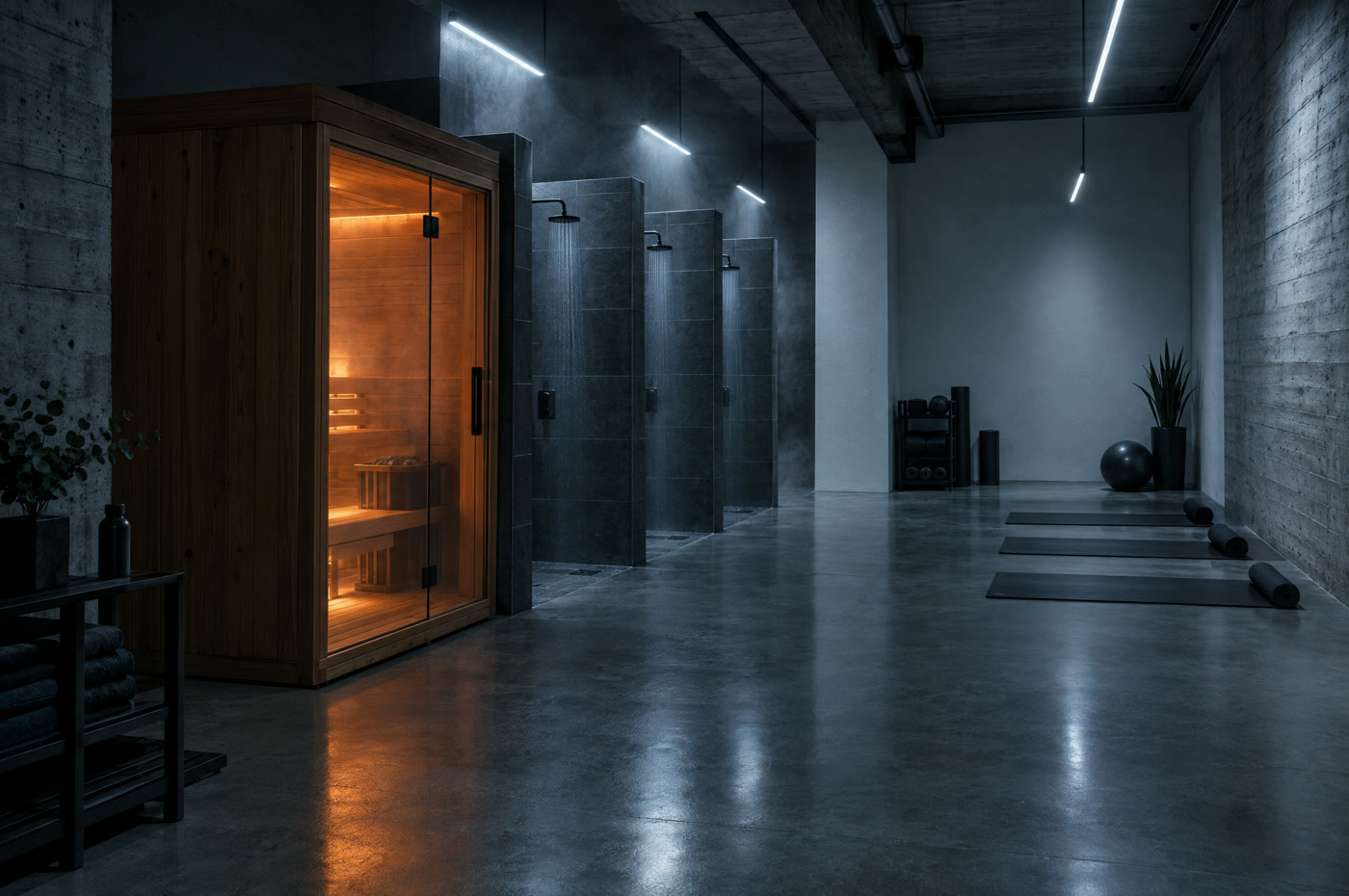 Zona de recuperación con sauna y rincón de estiramiento